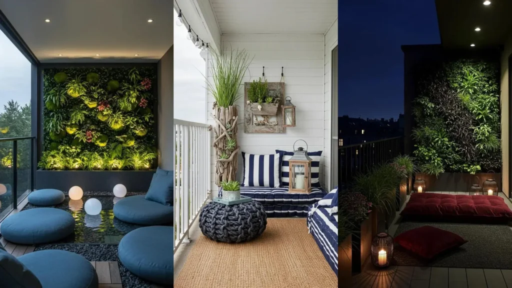 Three lush balcony retreats featuring vertical greenery, layered lighting, and cozy floor seating for relaxation.