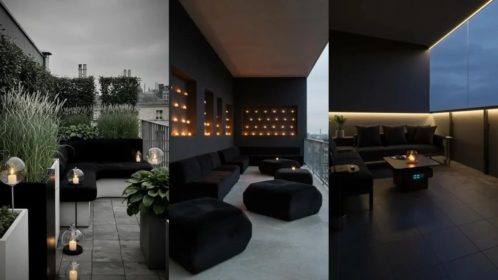 Luxe monochrome balcony decor with black velvet seating and flickering candles creating a cozy patio design.