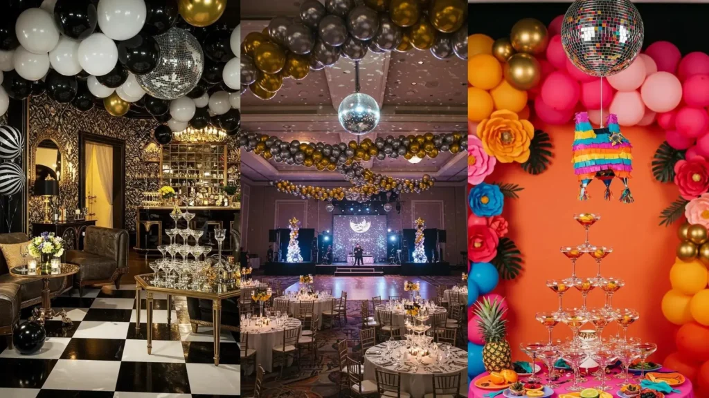 Luxe New Year's Eve party with metallic balloons, shimmering disco balls, and elegant champagne towers.
