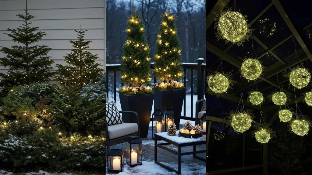 Magical winter outdoor garden displays with twinkling lights, evergreen planters, and glowing orb decorations on a snowy night.