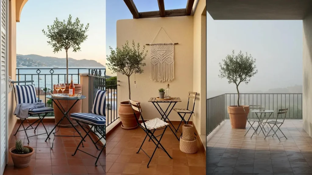 A collage of Mediterranean balconies featuring terracotta floors, olive trees in planters, and inviting iron bistro sets.