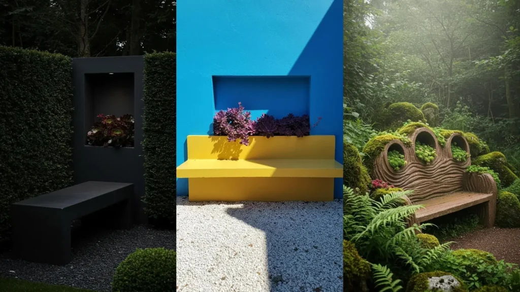 Collection of minimalist and natural garden benches featuring integrated concrete planters with vibrant succulent plants.