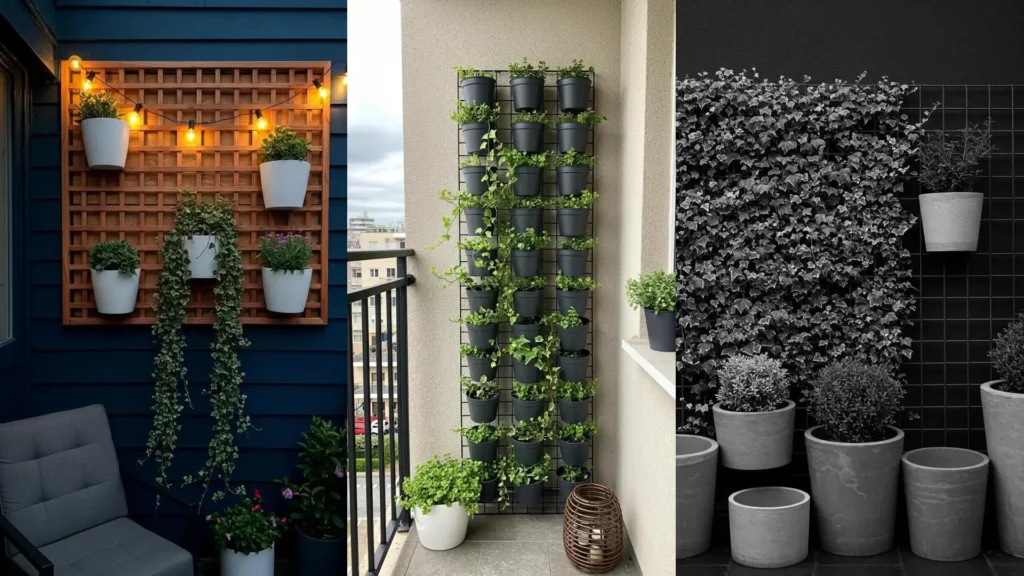 Modern urban garden wall decor ideas featuring grid panels with minimalist pots, lush ivy, and cascading plants.