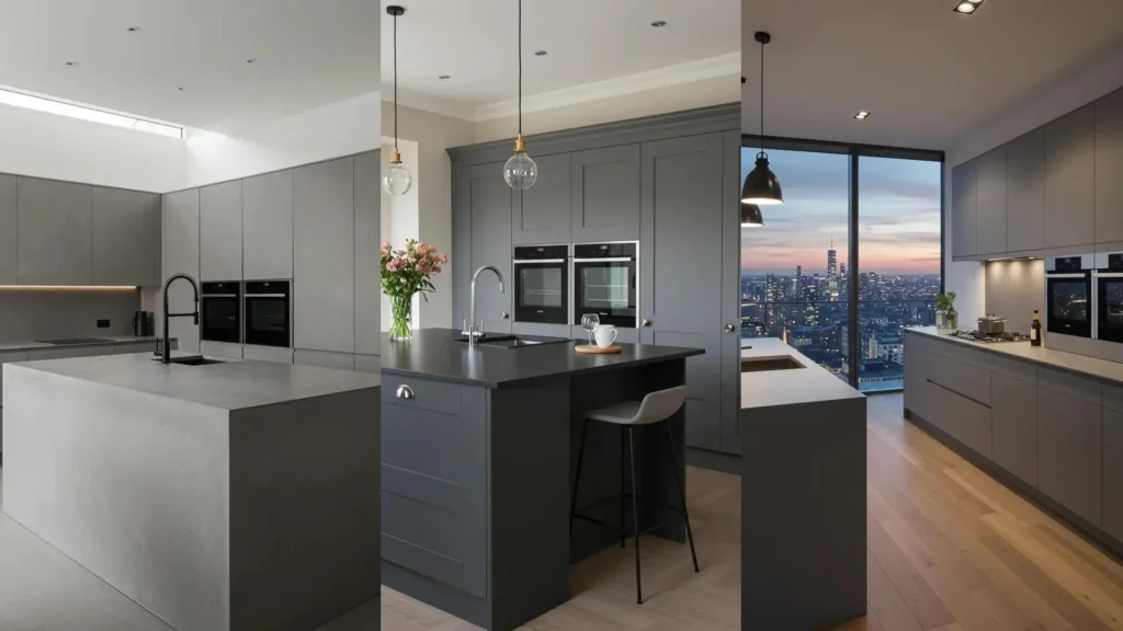 Three monochrome grey kitchens showcasing matte finishes, integrated appliances, and modern kitchen island designs.