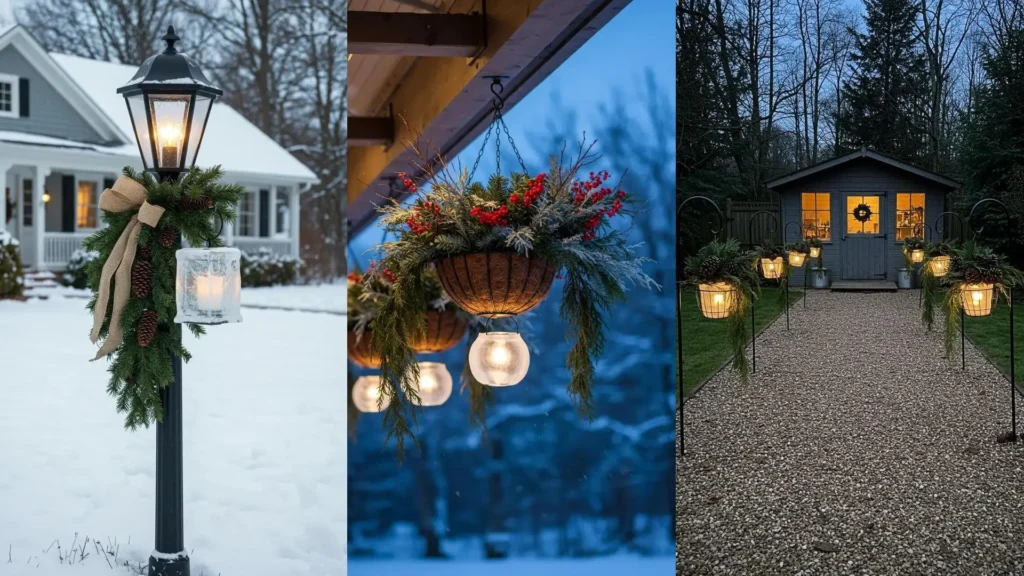Outdoor winter displays with glowing ice-look lanterns, conifer sprays, and festive red berries.