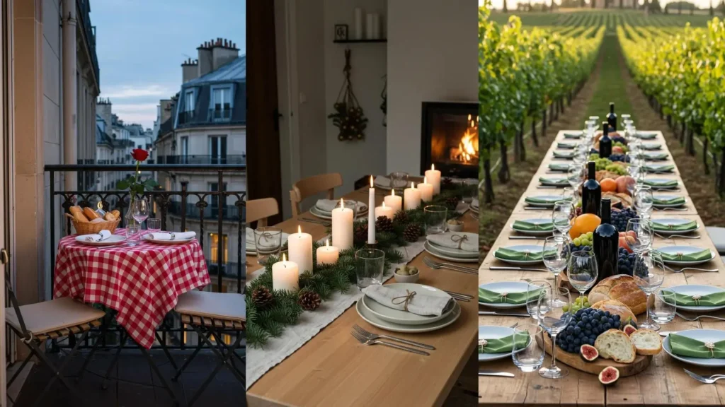 Various stylish dinner table place setting ideas for a visual feast, including romantic, festive, and vineyard scenes.