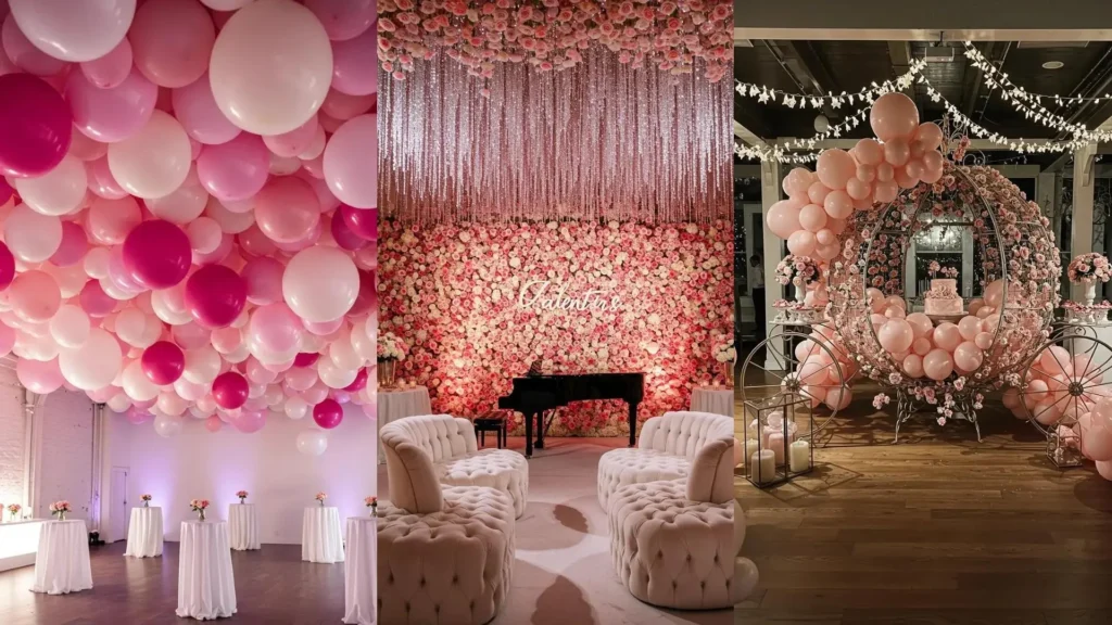 Beautiful Valentine's party ideas featuring blush balloons, elegant rose walls, and a romantic Cinderella carriage display.