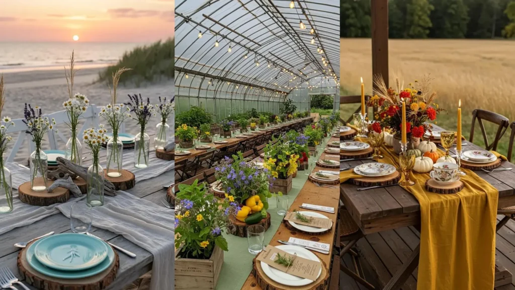 Three rustic chic table decor ideas with linen runners, wood slices, and wildflowers.