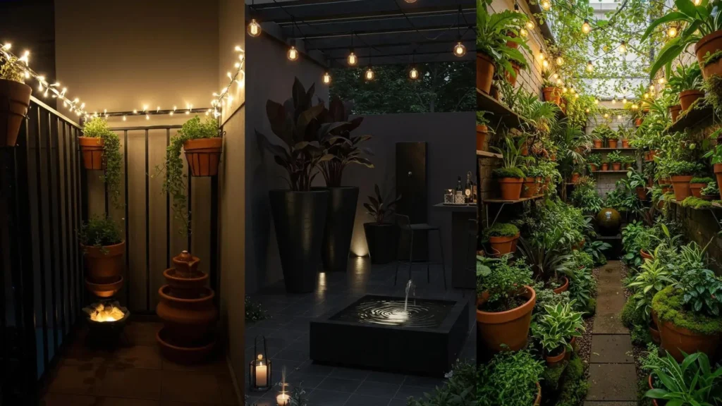 Small urban patios decorated with clay planters, soothing water features, and ambient string light canopies at night.