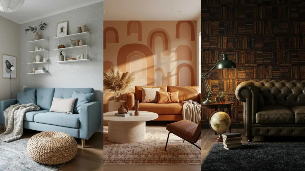 Three stylish living rooms showcasing different peel and stick wallpapers, rental-friendly decor ideas, and smart layouts.