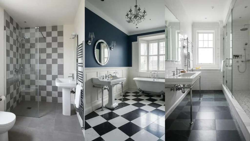 Timeless black and white checkerboard bathroom with chrome accents and a classic pedestal sink.