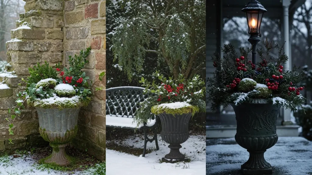 Three beautiful winter pot arrangements with red berries, evergreens, and snow-covered moss in an outdoor winter setting.