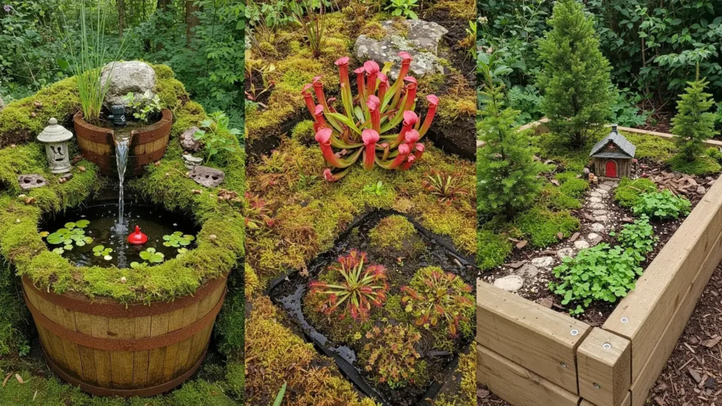 Woodland-inspired garden corners with lush mossy textures, red accents, bark details, and charming miniature scenes.