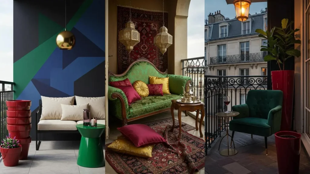 Bold jewel-tone balcony corners featuring emerald velvet seating, ruby planters, and elegant gold lanterns.