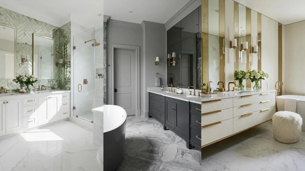 Glamorous Hollywood style bathrooms featuring luxurious marble floors, shining gold accents, and elegant mirrored walls.