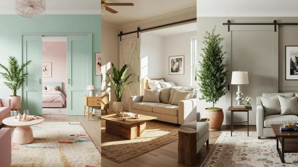 Three inspiring one-bedroom apartment layouts featuring stylish sliding doors, layered rugs, and tall plants for small spaces.