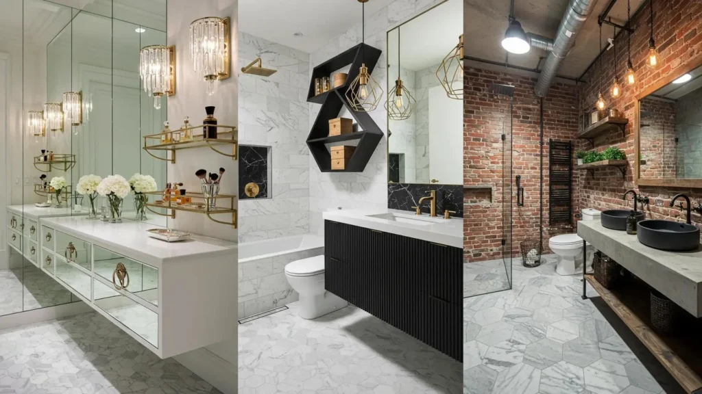 Minimal black and brass bathroom designs featuring hexagon marble tile floors and sleek floating shelves.