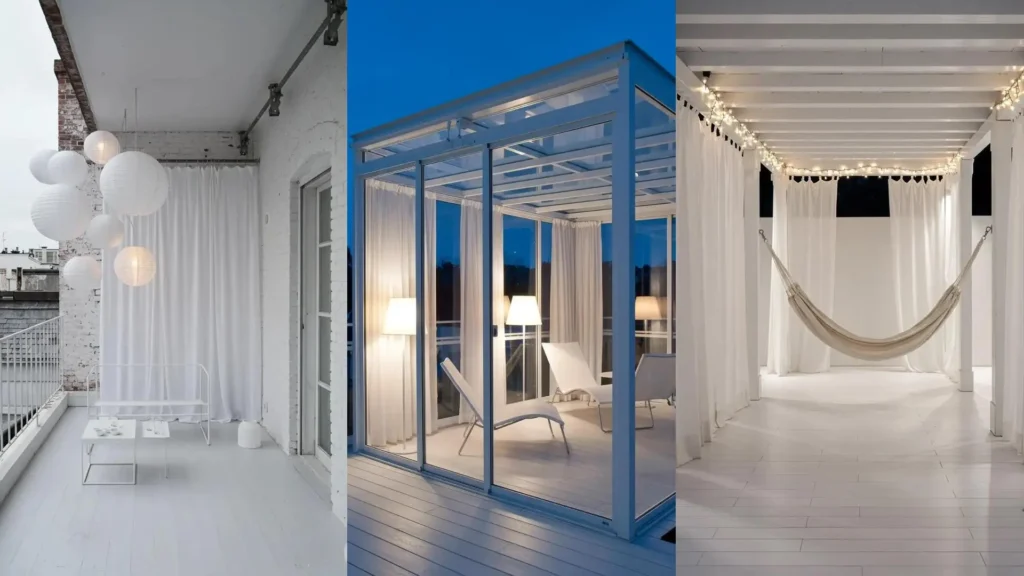 Three minimalist white terrace designs featuring sheer drapes and soft illumination, including a balcony, glass patio, and pergola.