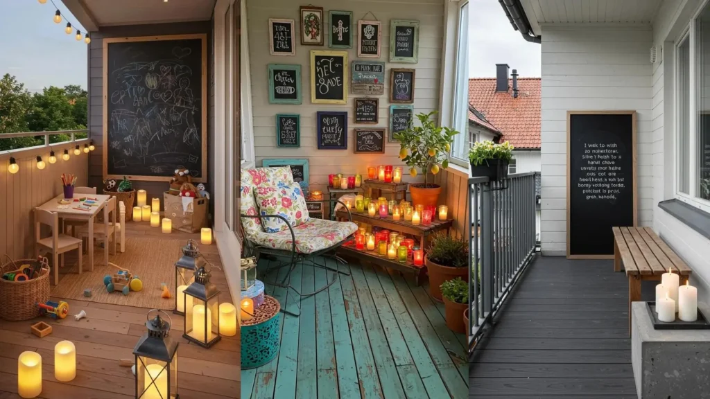 Rustic farmhouse balconies decorated with chalkboard signs, an abundance of candles, and string lights for ambiance.