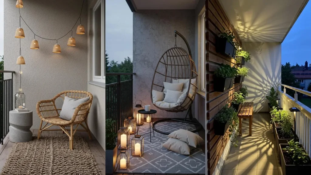 Cozy Scandinavian-inspired balcony decor featuring clean lines, comfortable furniture, and warm soft glow lighting.