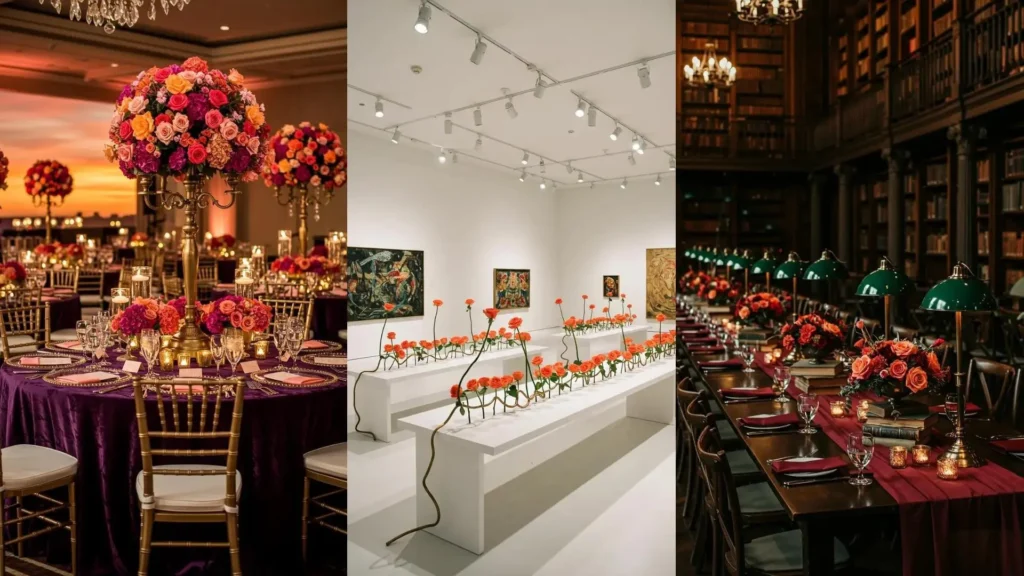 Sunset-inspired wedding table settings feature coral rose centerpieces, bronze candelabras, and rich purple linens.