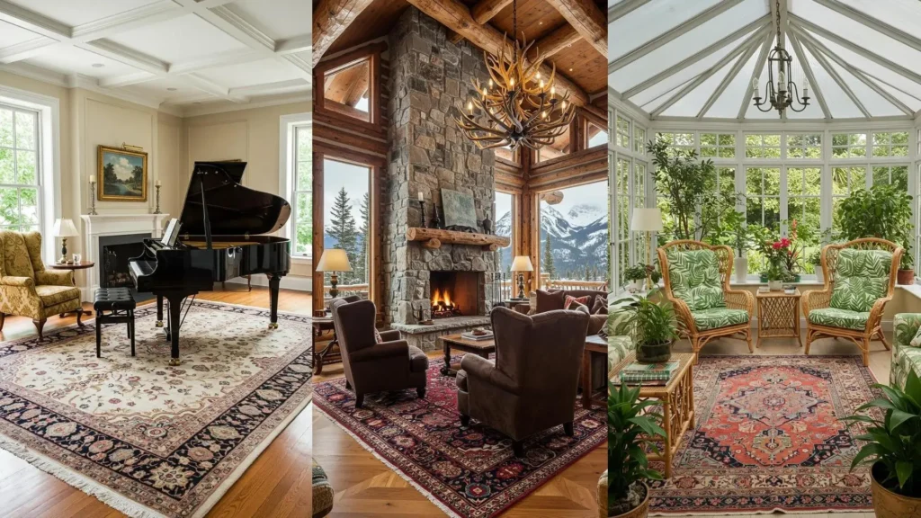 Timeless traditional living rooms featuring elegant wingback chairs and beautiful oriental area rugs.