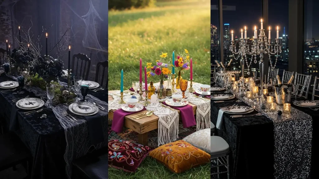 Three vintage-inspired party tablescapes featuring antique china, elegant lace overlays, and various taper candles.