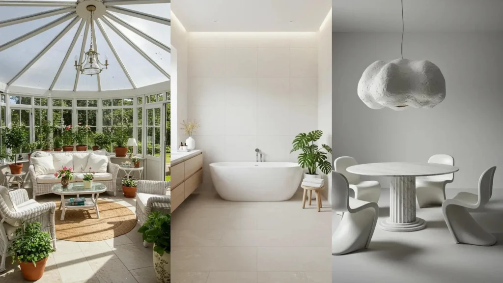 White-on-white interior collage: sunroom, modern bathroom, and dining area with texture, natural light, and subtle contrasts.