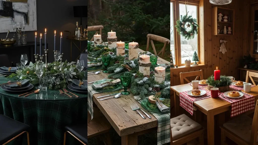 Christmas table styling ideas with evergreen garlands, various candles, and festive plaid linens.