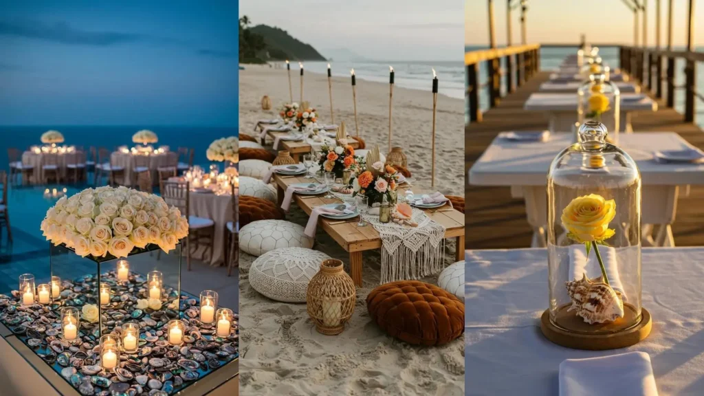 Dreamy coastal wedding centerpieces featuring soft roses, seashells, and candlelight at a beach and pier setting.