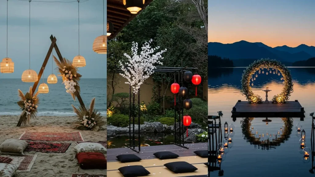 Evening wedding floral arches with hanging lanterns in beautiful settings: a beach, garden, and lake.
