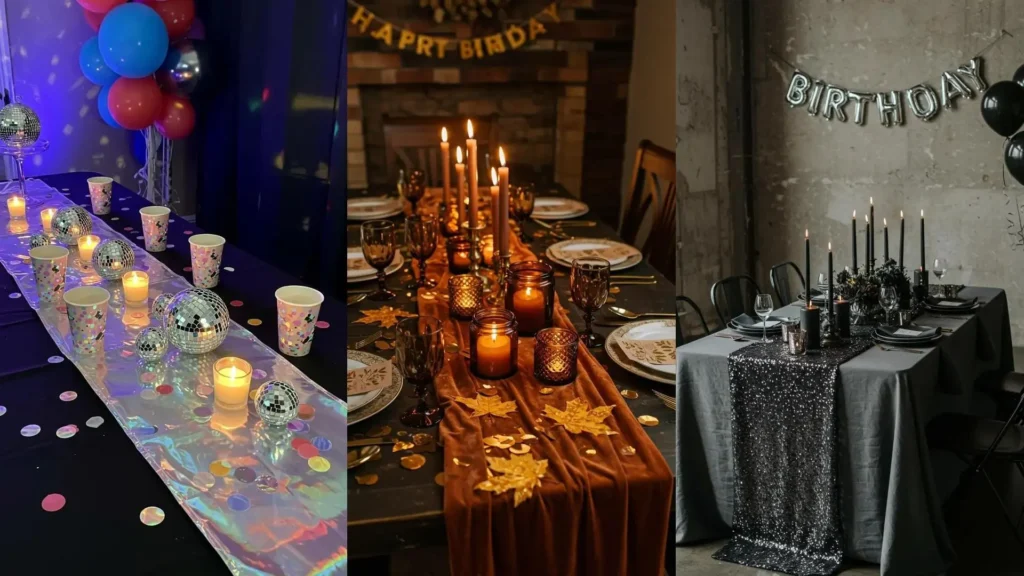 Glamorous birthday table decor showcasing metallic confetti runners, disco balls, and elegant candle centerpieces.