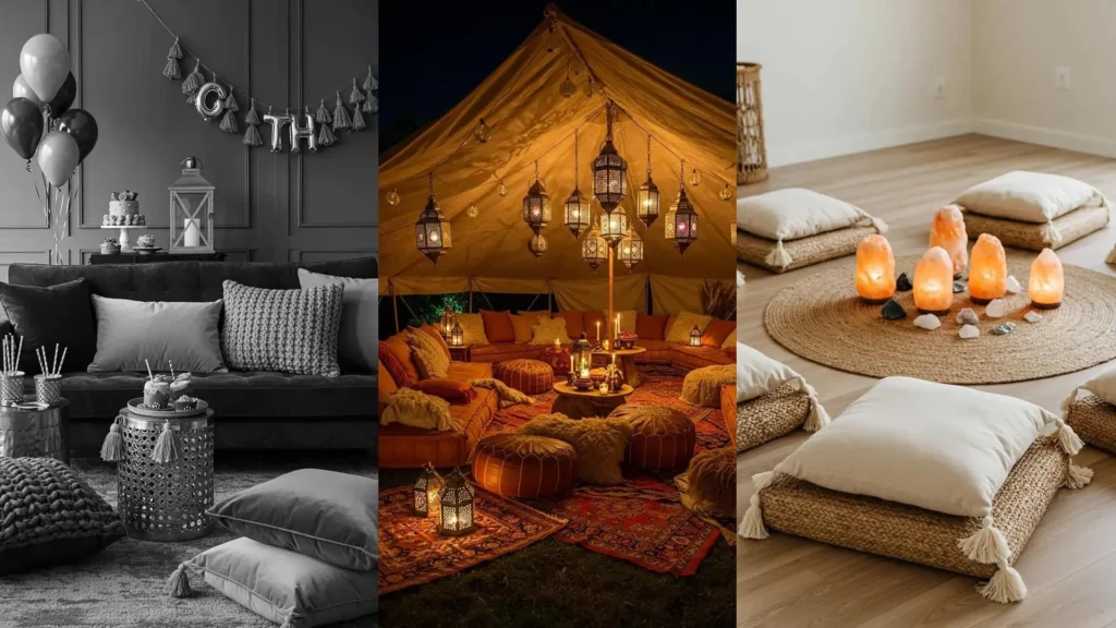 Modern Moroccan-inspired party decor featuring hanging lanterns, comfy tassel pillows, and festive birthday elements.