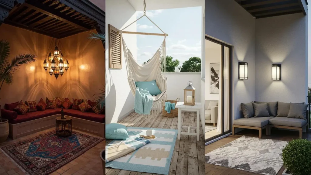 Moroccan terrace corner featuring an elaborate lantern and a colorful kilim rug.