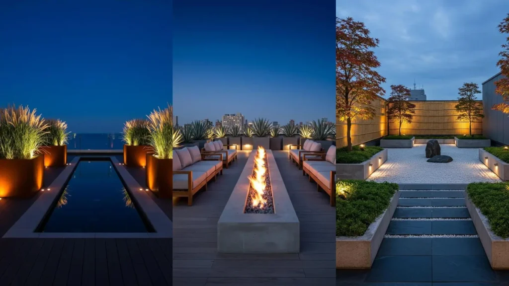 Three stylish rooftop gardens at night, featuring zen elements, symmetrical planters, and soft uplights.