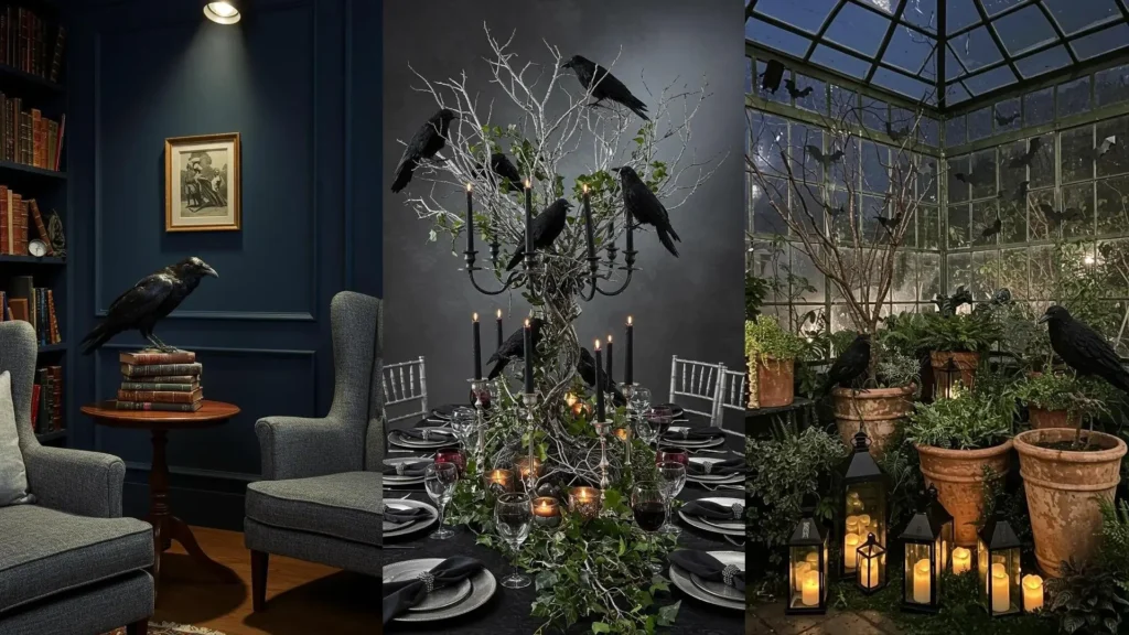 Black crows, bats, & elegant Halloween decor creating a spooky-chic, haunted ambiance.