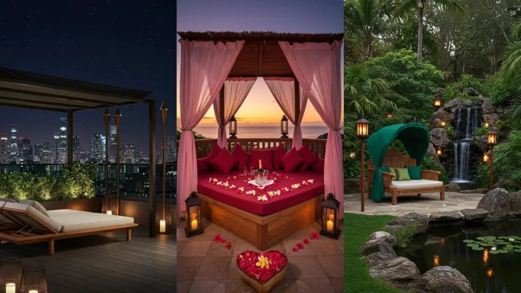 Tropical teak daybeds with canopy drapes, illuminated by tiki-style lantern poles in lush outdoor settings.
