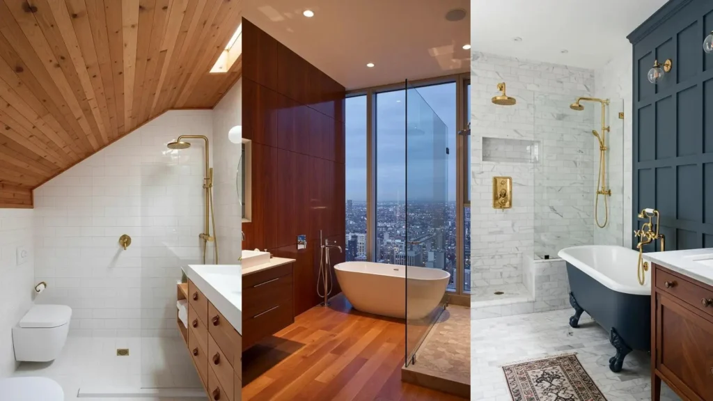 Warm wood bathrooms with teak panels and brass rain showers, showcasing elegant and modern decor ideas.