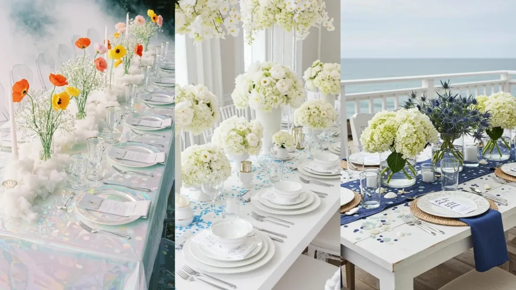 Stunning birthday tablescapes for adults, showcasing bold floral centerpieces, playful confetti, and elegant tableware.