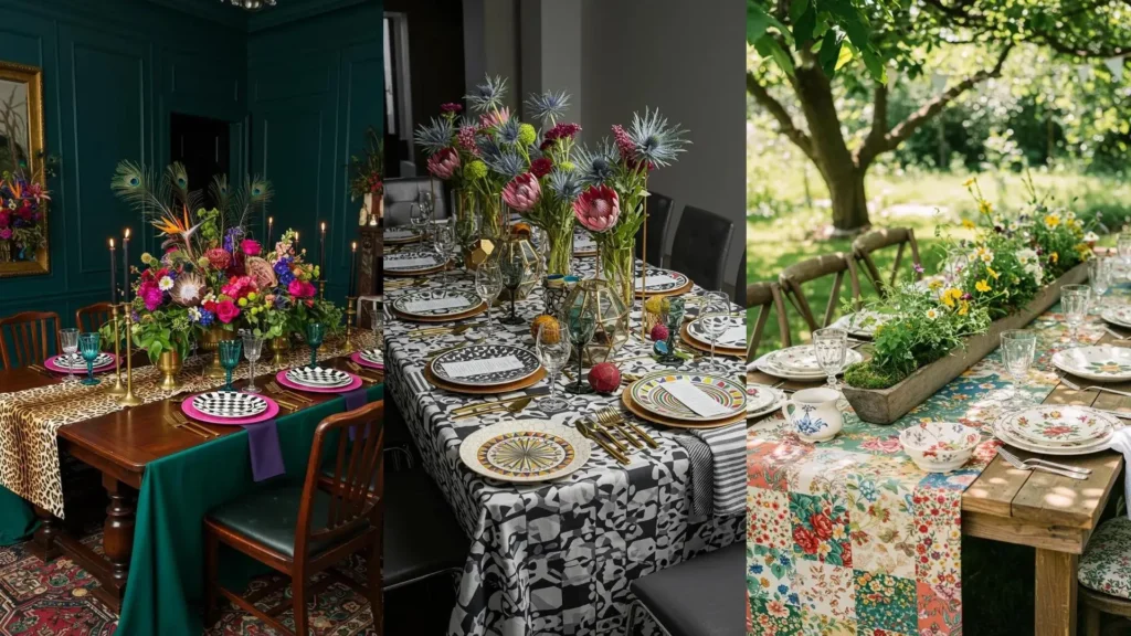 Three bold tablescapes showcasing mixed patterns, vibrant colorblocking, and maximalist styling with diverse decor.