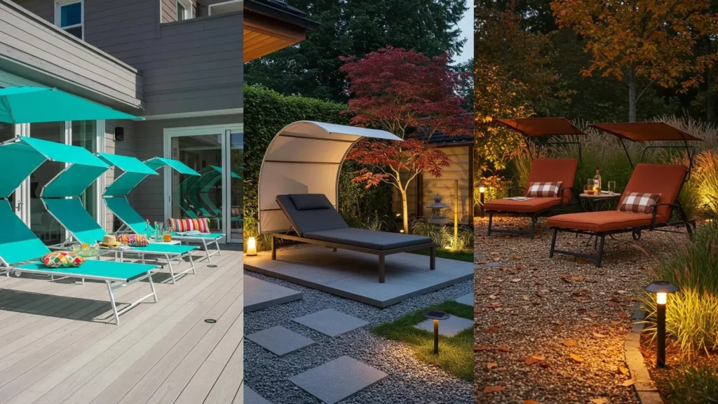 Diverse contemporary metal sunbeds with adjustable canopies on decks and patios, illuminated by solar lighting.