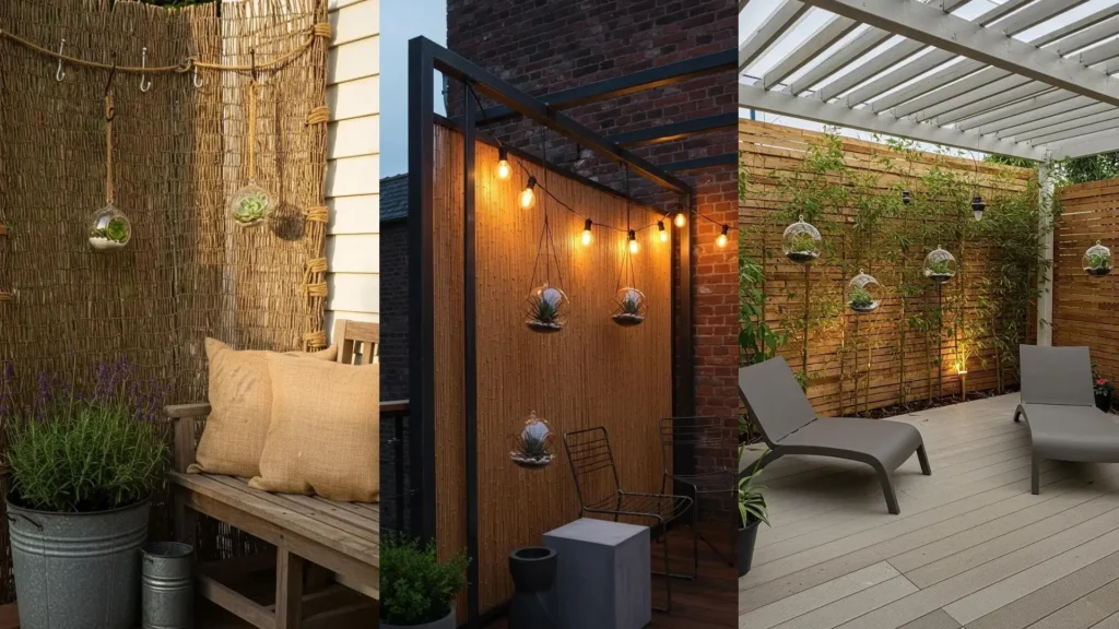 Outdoor bamboo privacy screens with decorative hanging succulent glass globes, creating serene backyard spaces.