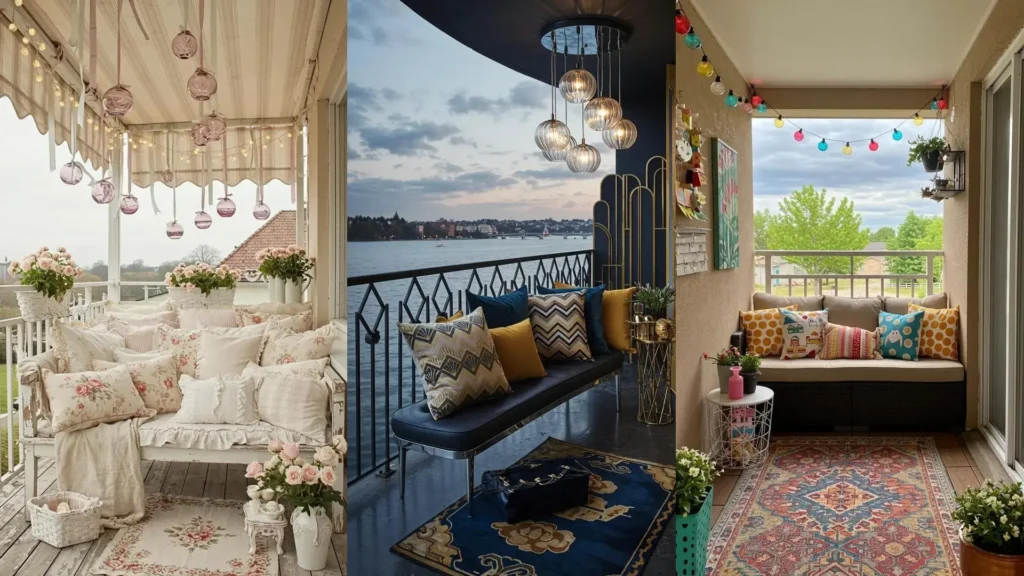Three eclectic balcony designs featuring layered mixed-pattern pillows, vintage-style rugs, and hanging glass orbs.