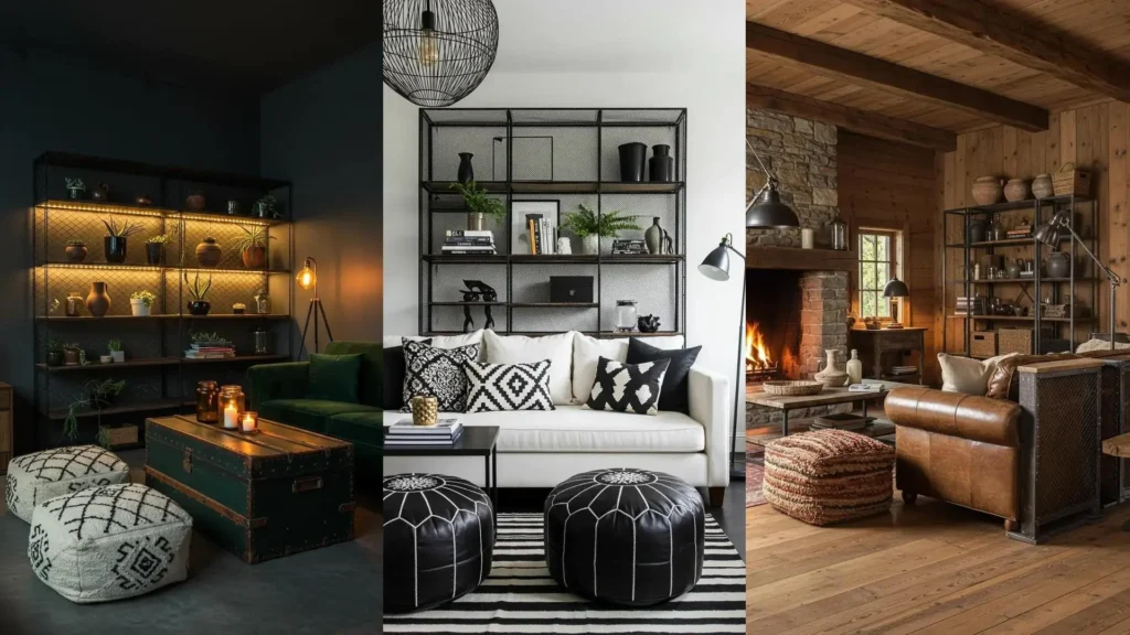 Industrial bohemian living rooms with metal mesh shelving, plants, and black and white Moroccan poufs.