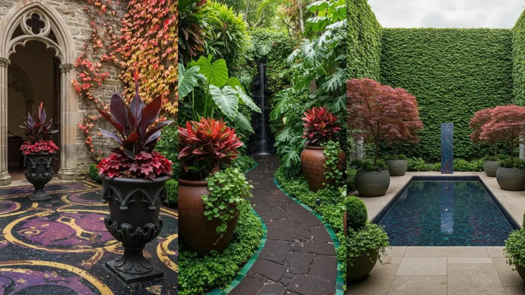 Stunning courtyard garden designs with mosaic tiles, sculptural pots, lush climbing plants, and a tranquil pool.