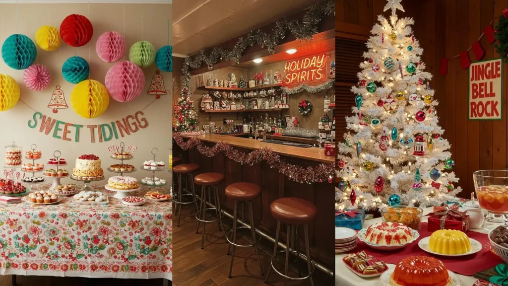Vibrant vintage Christmas party decorations featuring a white tinsel tree with retro ornaments and a festive bar area.