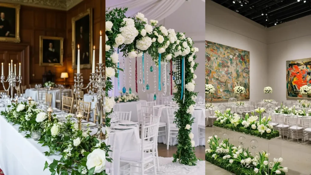 Winter white wedding table decorated with lush flower garlands, elegant crystal candelabras, and crystal accents.