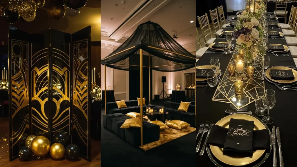 Art Deco New Year's Eve party decor with geometric gold and jet black accents, elegant table settings, and lounge.
