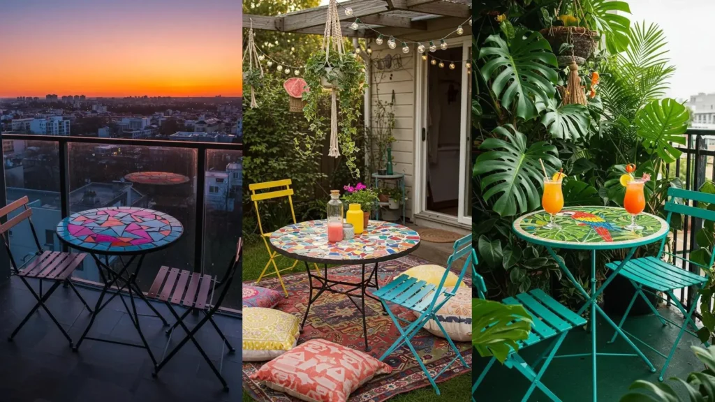 Three unique mosaic-topped patio tables with folding metal bistro seats in various garden and balcony settings.
