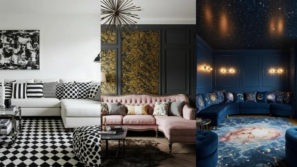 A collage of bold maximalist living rooms featuring layered patterns and plush velvet sectionals.